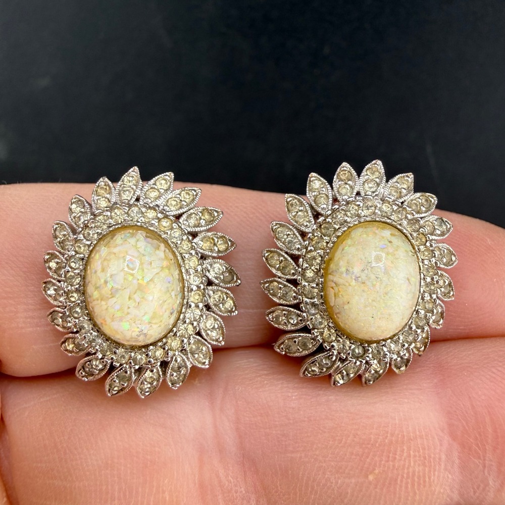 Vintage Panetta Clip On Earrings Silver Confetti Lucite